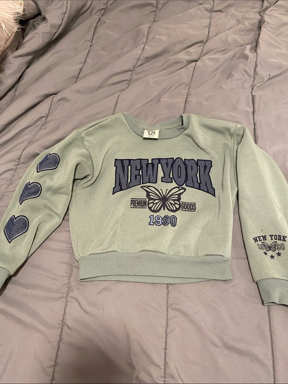 NEW YORK 1990 Cropped Crewneck Sweater - with butterfly Sage Green. Kids size 7